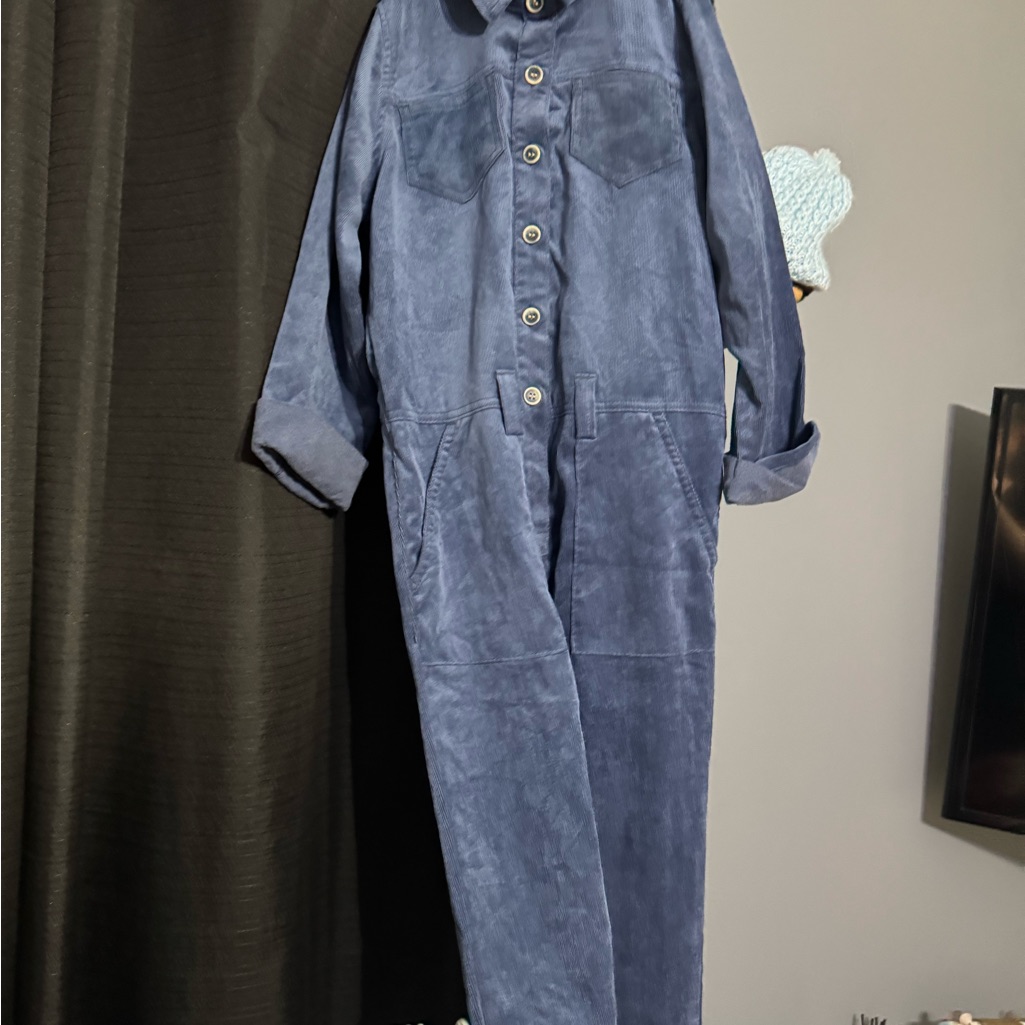 Blue Corduroy Button-Up Jumpsuit